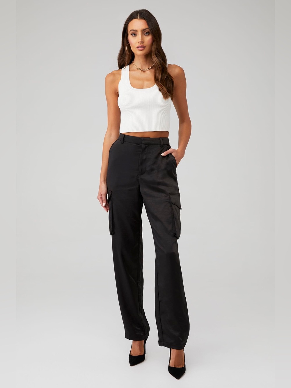 Good American Washed Satin Cargo Pants | Black | 24 Plus | NWOT